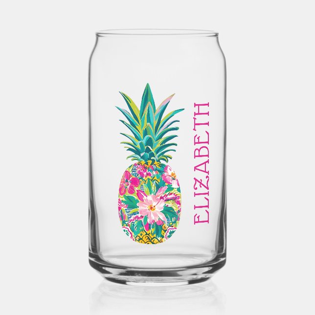Tropical Pink and Green Floral Pineapple Can Glass (Front)