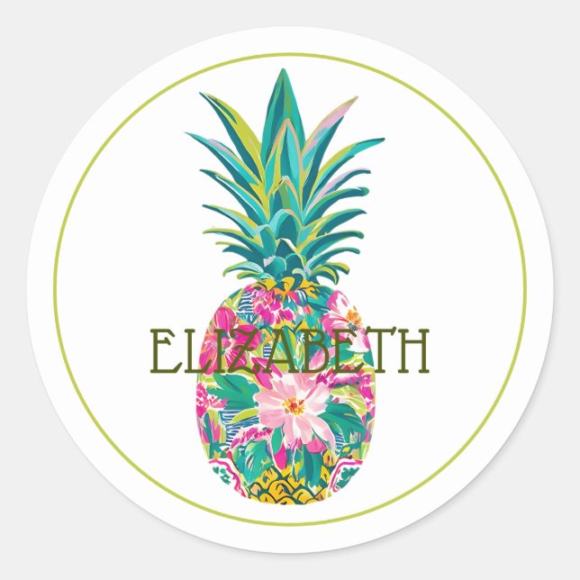 Tropical Pink and Green Floral Pineapple Classic Round Sticker (Front)