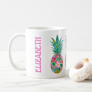 Tropical Pink and Green Floral Pineapple Coffee Mug