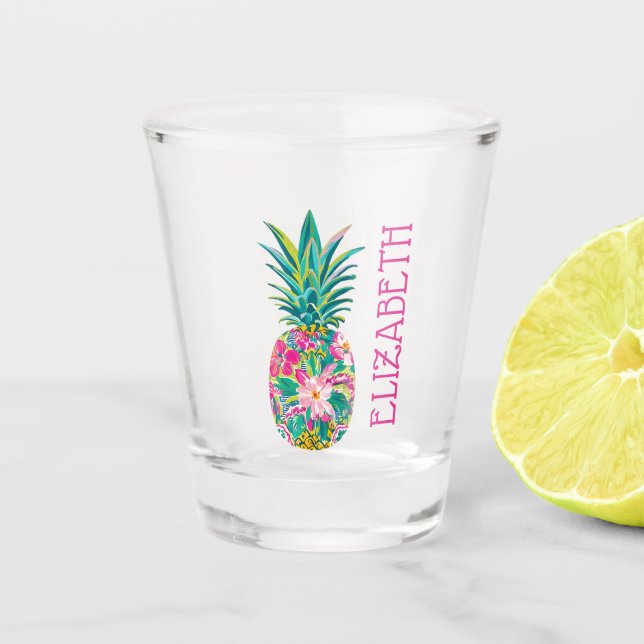Tropical Pink and Green Floral Pineapple Shot Glass (Front)
