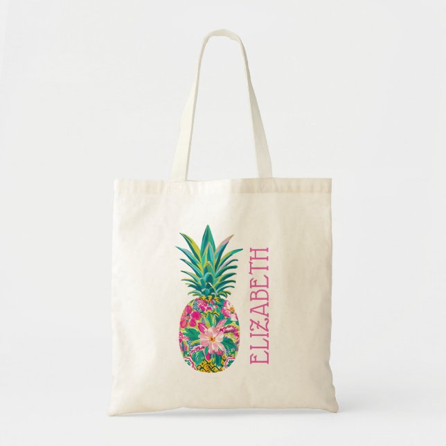 Tropical Pink and Green Floral Pineapple Tote Bag (Front)