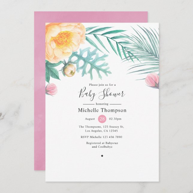 Tropical Pink and Mint Floral Baby Shower Invitation (Front/Back)
