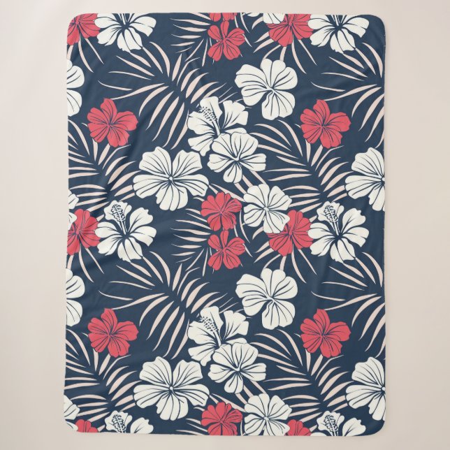 Tropical Pink and Navy Floral Sherpa Blanket (Front)