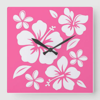 Tropical Pink Beach Flowers Square Wall Clock