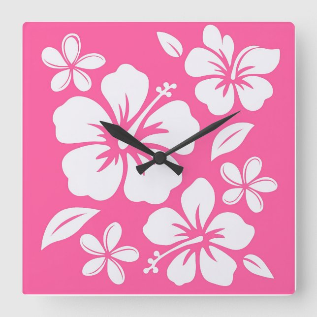 Tropical Pink Beach Flowers Square Wall Clock (Front)
