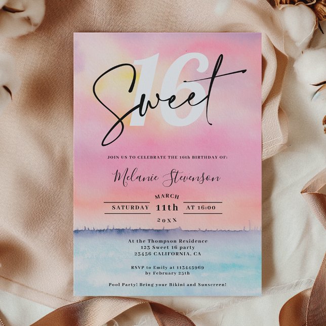 Tropical pink beach sunset pool party Sweet 16 Invitation (Tropical pink beach sunset pool party Sweet 16 Invitation)