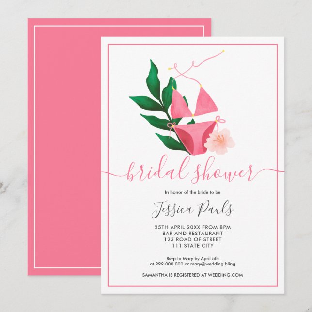 Tropical pink bikini floral summer bridal shower invitation (Front/Back)