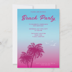 Tropical Pink Blue Beach Party Palm Trees Birthday Invitation