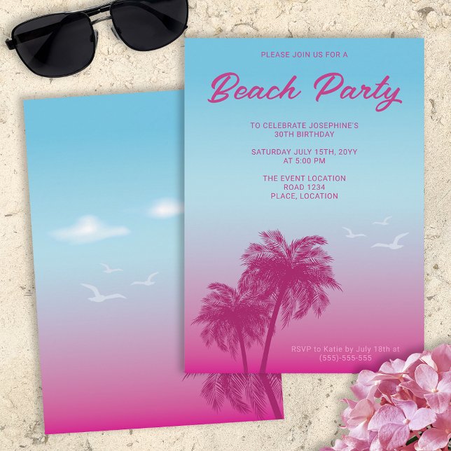Tropical Pink Blue Beach Party Palm Trees Birthday Invitation (Creator Uploaded)