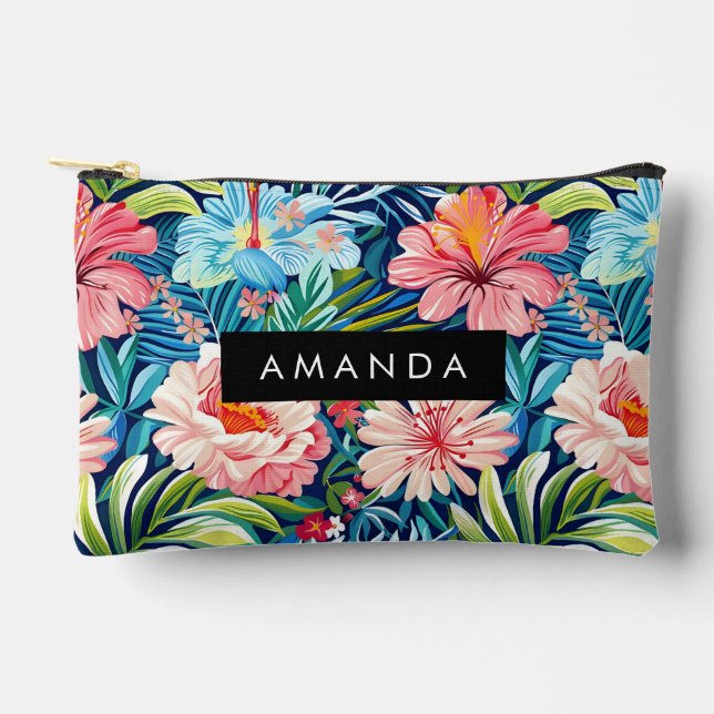 Tropical Pink Blue Flowers Pattern Colourful Flora Accessory Pouch (Front)