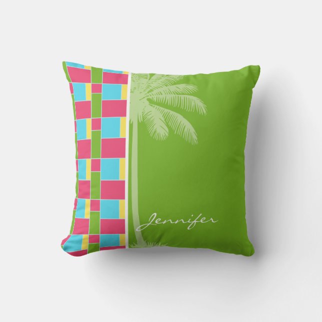Tropical Pink, Blue, Green, & Yellow Throw Pillow (Front)