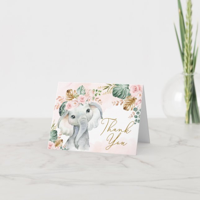 Tropical Pink Blush Elephant Baby Shower Birthday Thank You Card (Front)