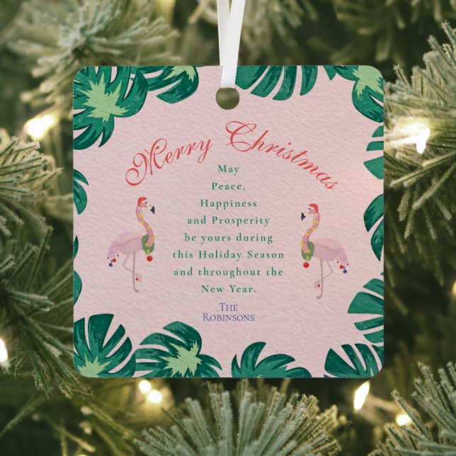 Tropical Pink Christmas Flamingo Santa Hat Baubles Metal Ornament (Insitu)