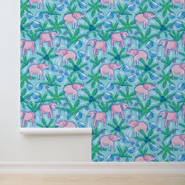 Tropical Pink Elephant Palm Leaves Preppy Wallpaper (Application)