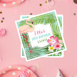 Tropical Pink Flamingo 30th Birthday Luau Napkin<br><div class="desc">Birthday luau party napkins feature a pretty pink flamingo with lush frame of tropical palm leaves and hibiscus flowers. Stylish custom text can be personalized with the birthday girl's name and custom event title. Vibrant colours include pink,  magenta,  yellow,  green,  seafoam,  and aqua blue.</div>