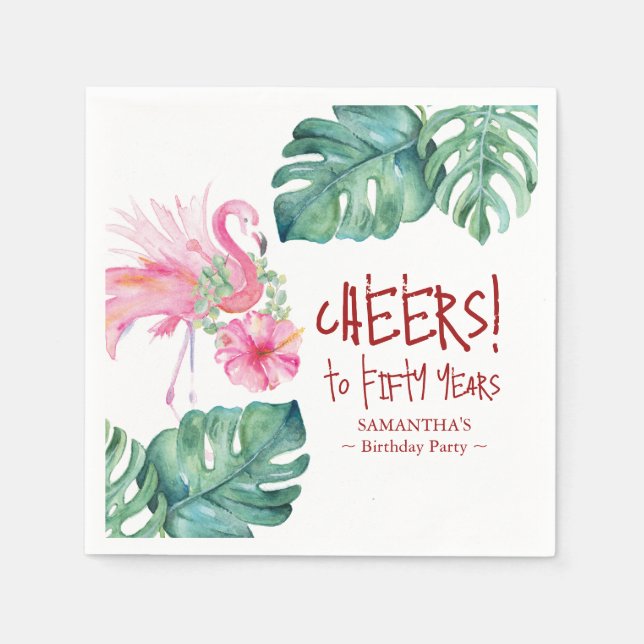 Tropical Pink Flamingo 50th Birthday Theme Napkin (Front)