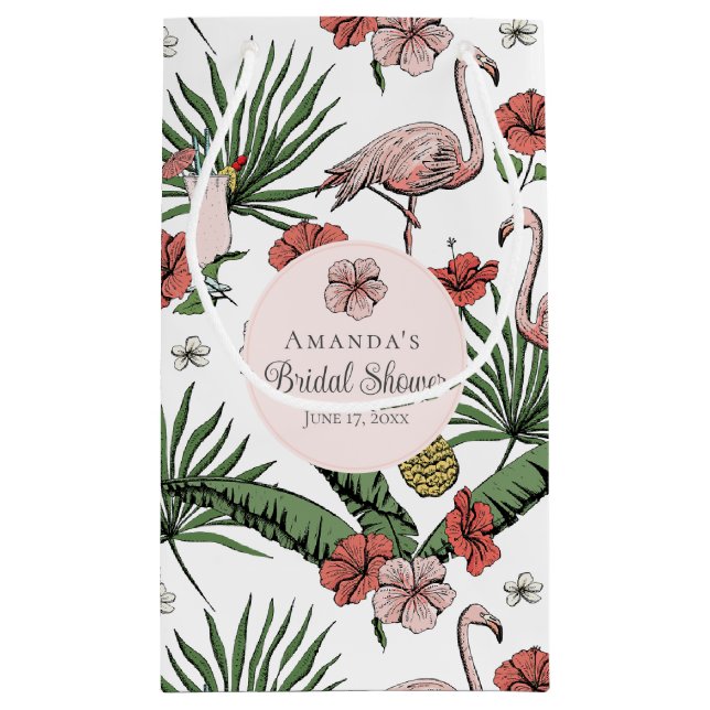 Tropical Pink Flamingo and Hibiscus Bridal Shower Small Gift Bag (Back)