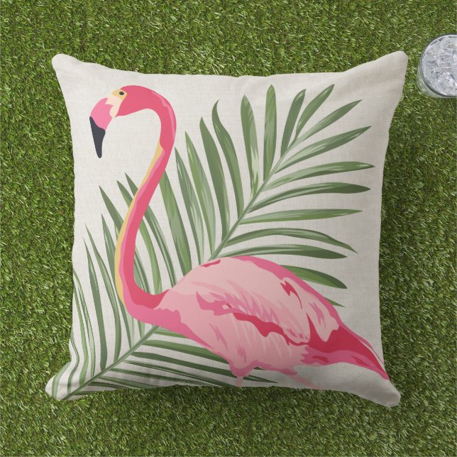 Tropical Pink Flamingo and Palm Leaves Outdoor Pillow (Grass)