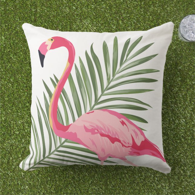 Tropical Pink Flamingo and Palm Leaves Outdoor Pillow (Grass)