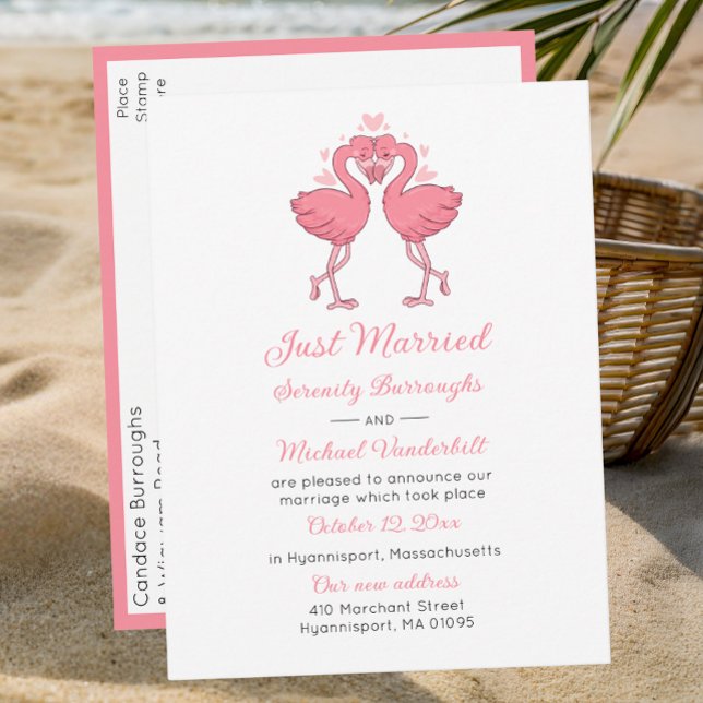 Tropical Pink Flamingo Beach Hawaiian Just Married Announcement Postcard (Creator Uploaded)