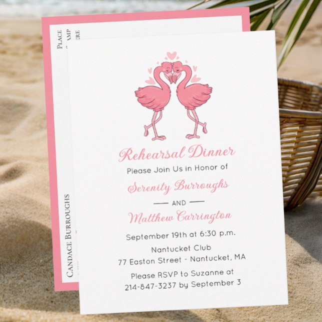 Tropical Pink Flamingo Beach Rehearsal Dinner Invitation Postcard (Creator Uploaded)