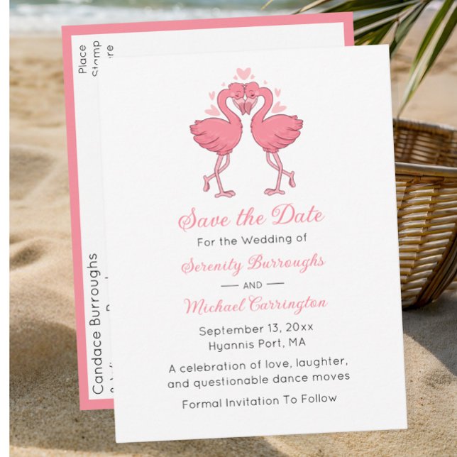 Tropical Pink Flamingo Beach Wedding Save the Date Postcard (Creator Uploaded)