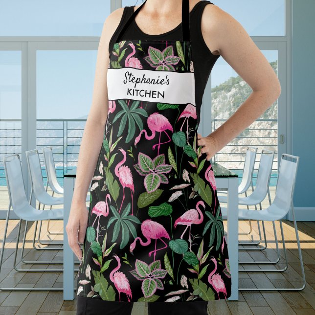 Tropical Pink Flamingo Bird, Add Name, Custom Text Apron (Creator Uploaded)