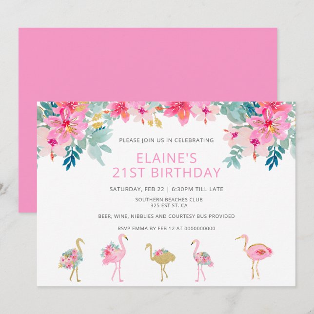 Tropical Pink Flamingo Birthday Party Invitation (Front/Back)