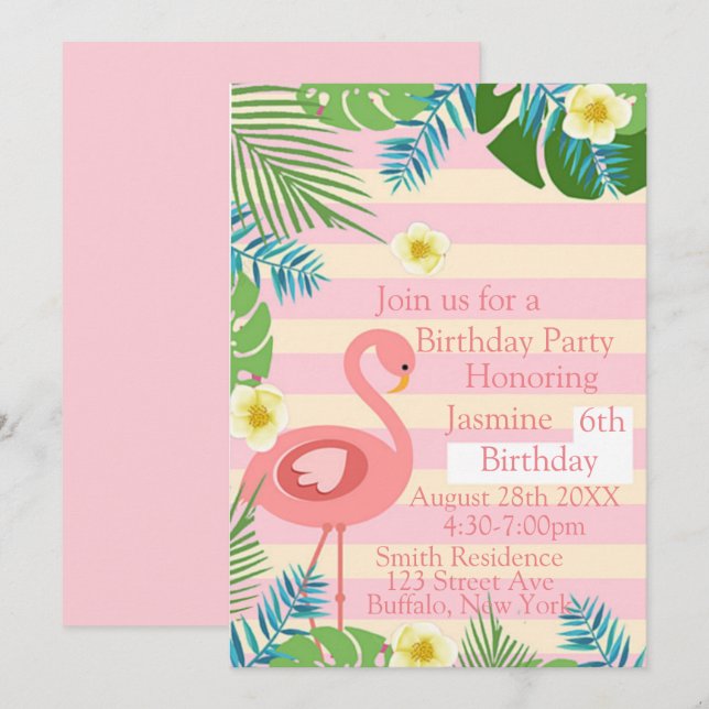 Tropical Pink Flamingo Birthday Party Invitation (Front/Back)