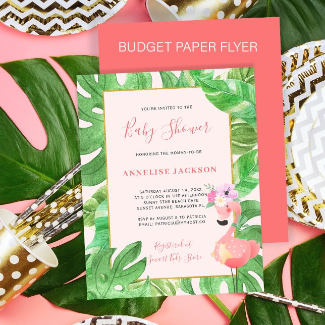 Tropical pink flamingo budget baby shower invite flyer (Creator Uploaded)