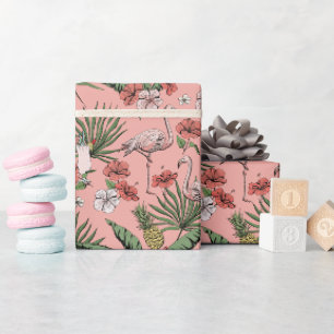 Tropical Pink Flamingo Coral Floral Pattern Wrapping Paper
