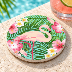 Tropical Pink Flamingo Floral Palm Leaves Summer Coaster