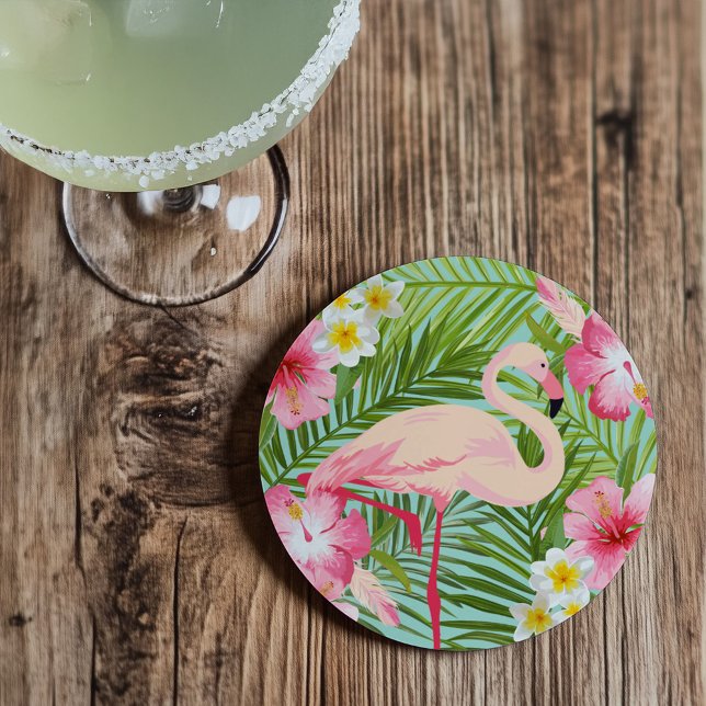 Tropical Pink Flamingo Floral Palm Leaves Summer Coaster (Creator Uploaded)
