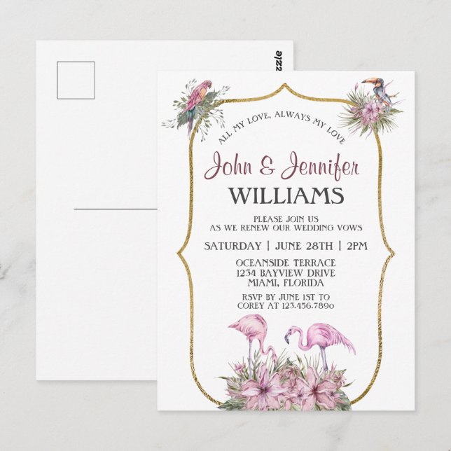 Tropical Pink Flamingo Gold Wedding Vow Renewal Postcard (Front/Back)