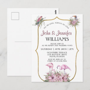 Tropical Pink Flamingo Gold Wedding Vow Renewal Postcard