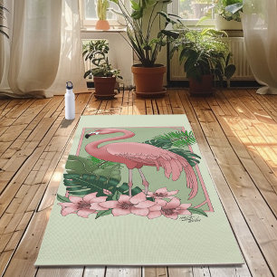Tropical Pink Flamingo Green Leaves Palm Lily Yoga Mat