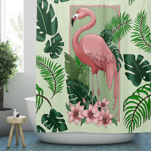 Tropical Pink Flamingo Green Palm Leaves Lilies
