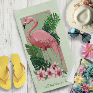 Tropical Pink Flamingo Green Palm Leaves Lily Beach Towel
