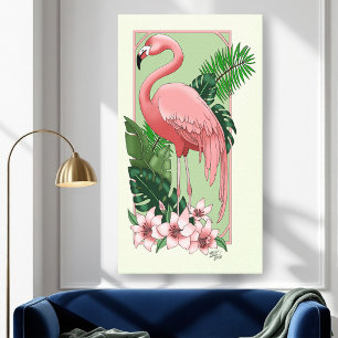 Tropical Pink Flamingo Green Palm Leaves Lily Canvas Print