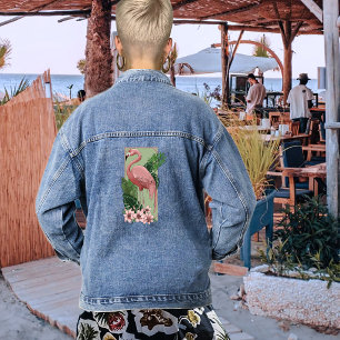 Tropical Pink Flamingo Green Palm Leaves Lily Denim Jacket