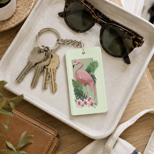 Tropical Pink Flamingo Green Palm Leaves Lily Keychain
