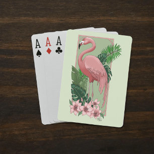 Tropical Pink Flamingo Green Palm Leaves Lily Playing Cards