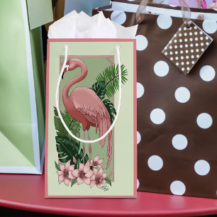 Tropical Pink Flamingo Green Palm Leaves Lily Small Gift Bag