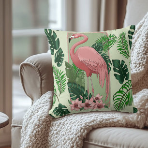 Tropical Pink Flamingo Green Palm Leaves Lily Throw Pillow