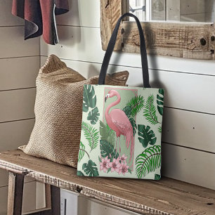 Tropical Pink Flamingo Green Palm Leaves Lily Tote Bag