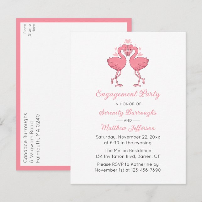 Tropical Pink Flamingo Hawaiian Engagement Party Invitation Postcard (Front/Back)