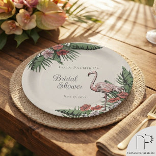 Tropical Pink Flamingo Hibiscus Bridal Shower Paper Plate