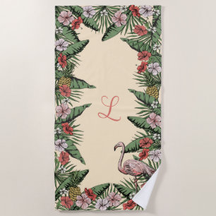 Tropical Pink Flamingo & Hibiscus Monogrammed Beach Towel