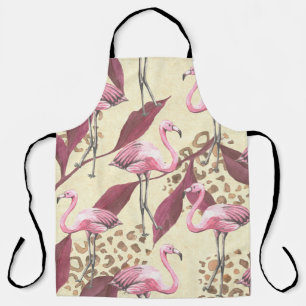 Tropical pink flamingo, leopard pattern. apron