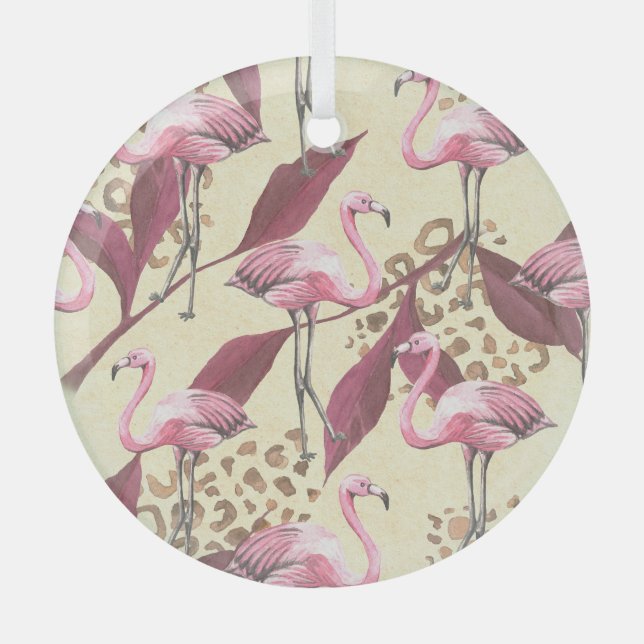 Tropical pink flamingo, leopard pattern. glass ornament (Front)